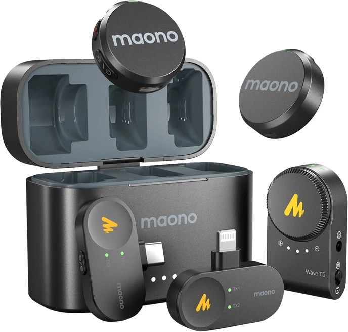 Brezžični mikrofon z dvema oddajnikoma in tremi sprejemniki Maono WM650 A3, s polnilno škatlo, črn
