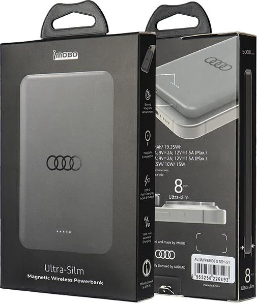 Powerbank z velikim logotipom Audi MagSafe, 5000 mAh, kovinski, siv