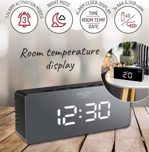 Alarmna ura Adler AD 1189, LED s prikazom temperature prostora, 3 načini alarma, USB + 3x AAA, črna