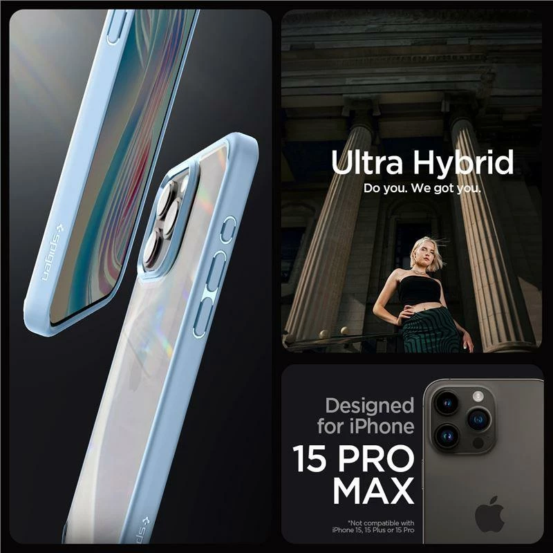 Prozoren moder ovitek za telefon Spigen Crystal Hybrid za iPhone 15 Pro Max