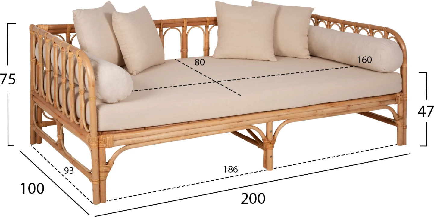 Ležalnik kavč LIGNANO FH9660 iz ratana v naravni barvi z bež blazinami 200x100x75Hcm