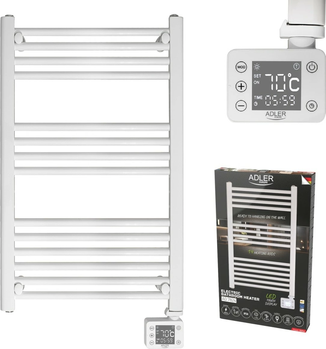 Električni kopalniški radiator z LED, Adler AD 7824, 600 W, 50×90 cm, 24-urni timer, IP24, bel