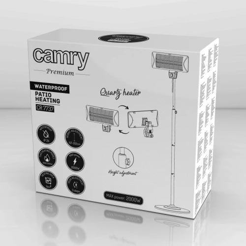 Stoječi grelec za teraso Adler Camry CR 7737, 1000/2000 W, kvarčni grelci, IP24, 14 m², višina 157–202 cm, siv