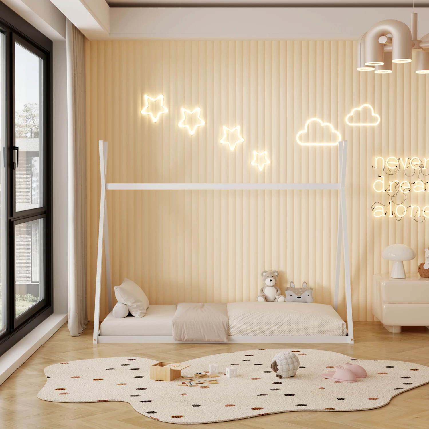 Postelja za otroke MUNK FH681.03 t.MONTESSORI iz masivnega borovega lesa v beli barvi za vzmetnico 190x90 cm