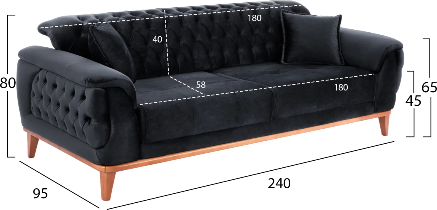 BENNINGTON 3-sedežna zofa-postelja, črn žamet, 240x95x80