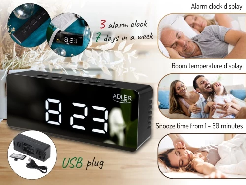 Alarmna ura Adler AD 1189, LED s prikazom temperature prostora, 3 načini alarma, USB + 3x AAA, črna