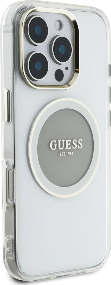 Ovitek za telefon Guess IML Metal Colored Circle Classic Logo MagSafe za iPhone 16 Pro, siv