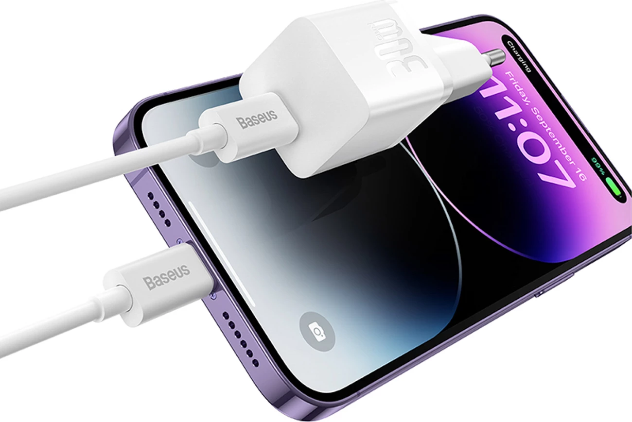 30W hitri zidni polnilec GaN5, USB-C, bel — Baseus