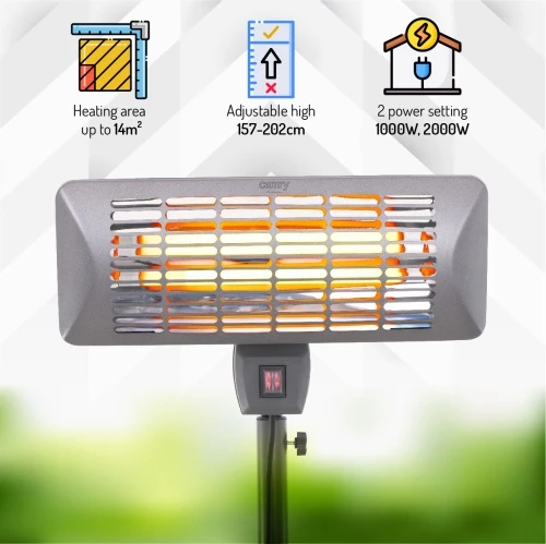 Stoječi grelec za teraso Adler Camry CR 7737, 1000/2000 W, kvarčni grelci, IP24, 14 m², višina 157–202 cm, siv