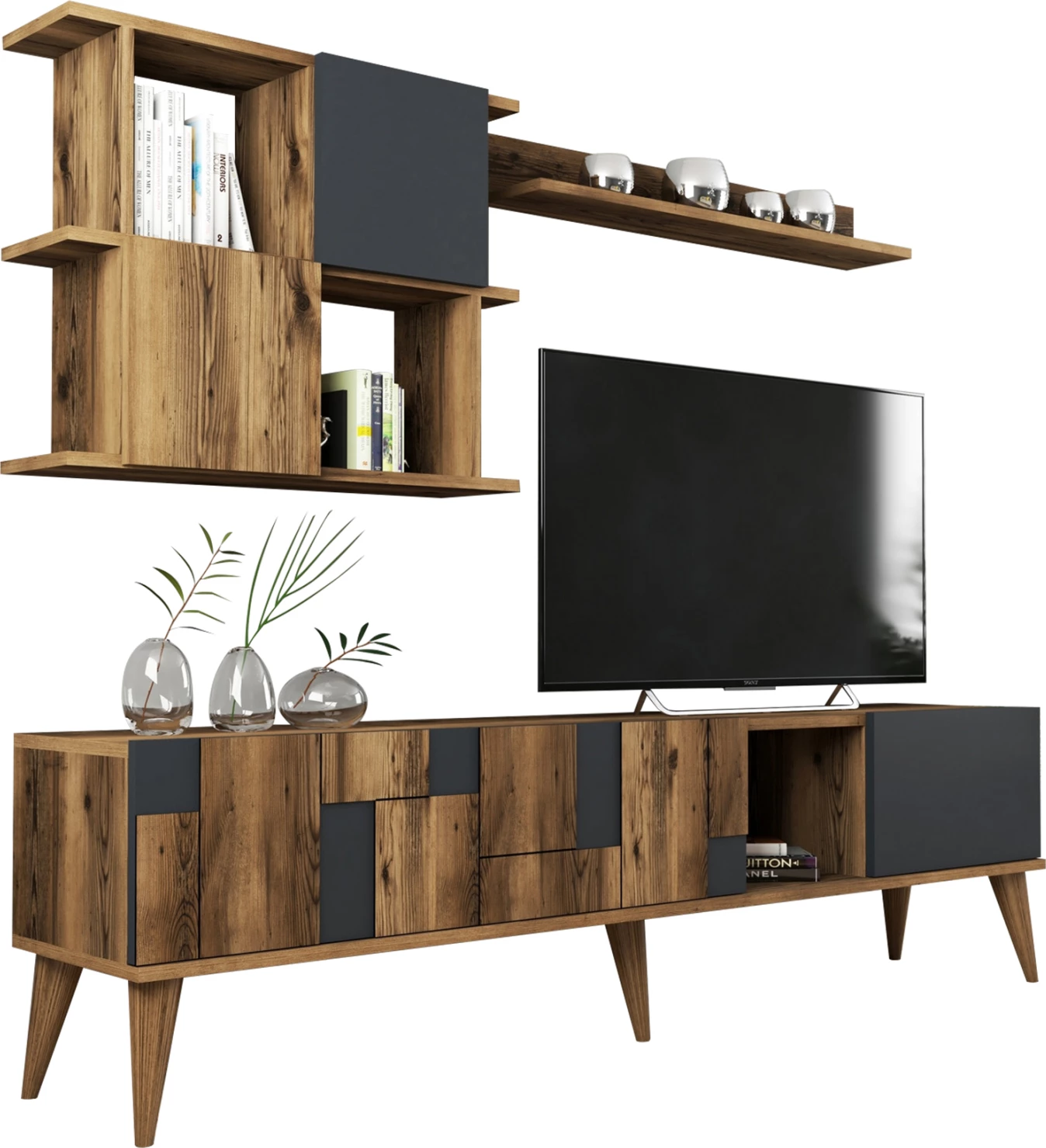 Kombinacija TV pohištva iz melamina v barvi oreha in ogleno sivi 180x33.8x48.6Hcm.FH9437.01