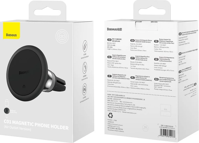 Magnetski nosilec za pametni telefon za zračnik avtomobila Baseus C01 Overseas Edition, črn