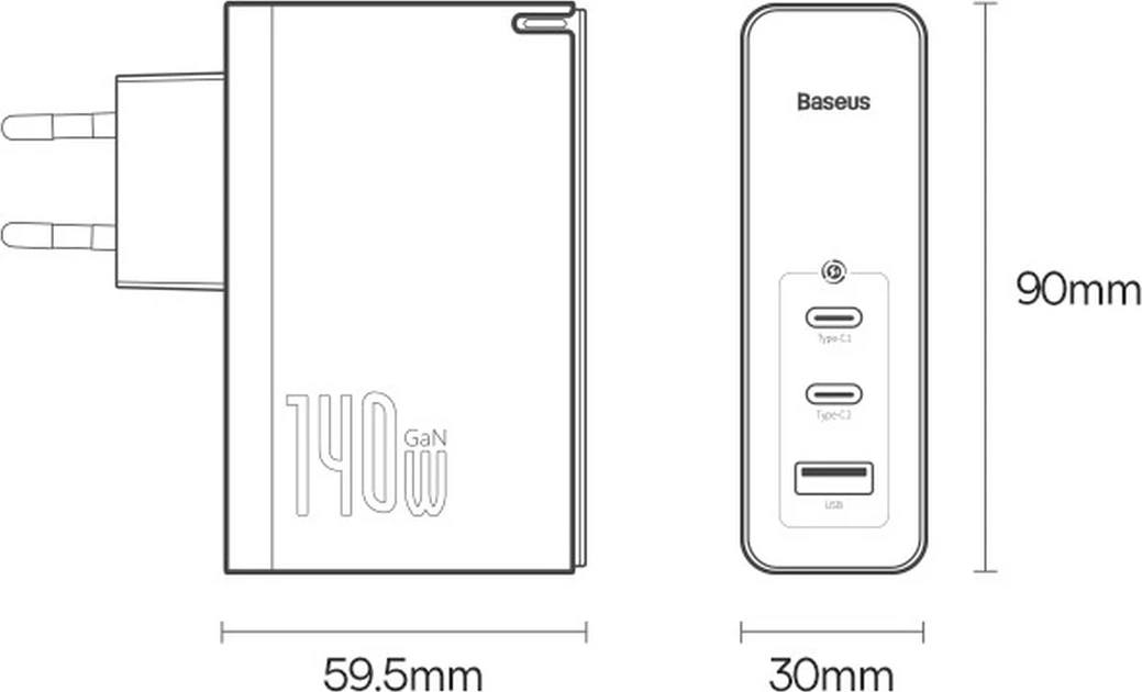 Hiter polnilec Baseus GaN5 Pro, 140 W, 2x USB-C + USB-A, EU, črn