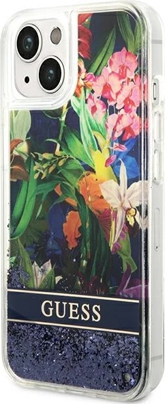 Ovitek z vzorcem cvetja in tekočim bleščicami Guess za iPhone 14 Plus 6,7", modra