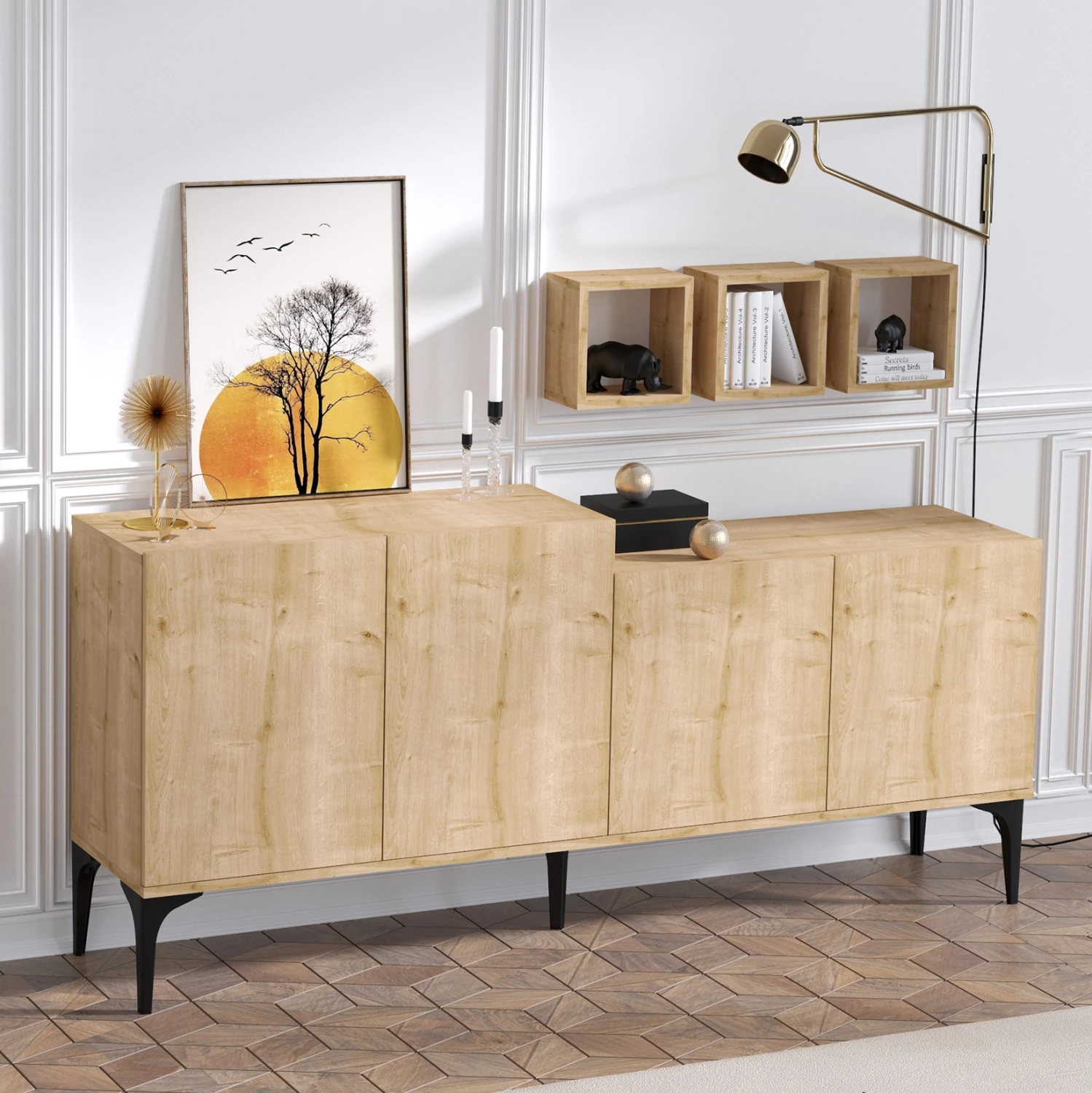 Bife in 3 stenske police iz melamina v naravni barvi 180x40x85Hcm.FH9430.01