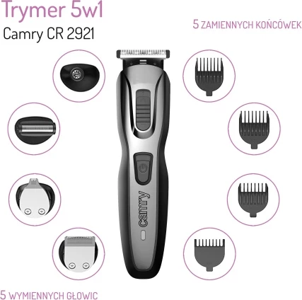 Večfunkcijski trimer 5 v 1 Camry CR 2921, brezžični, 48 W, komplet z osnovo-polnilcem