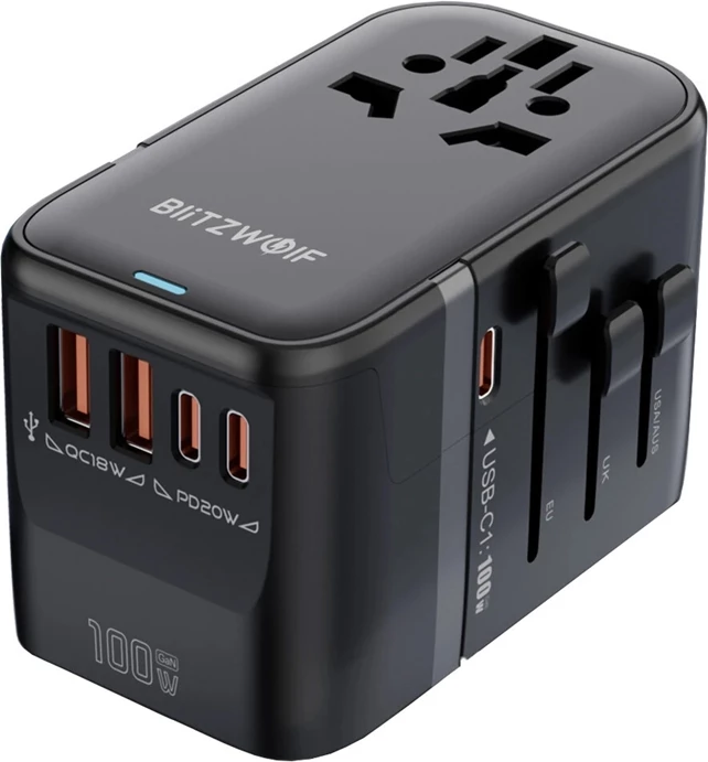Potovalni adapter 5-v-1 BlitzWolf BW-TA2, 2x USB-A 20W, 2x USB-C 18W, 1x USB-C PD 100W, črn