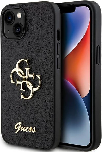 Ovitek za telefon s bleščicami, Guess Glitter Script Big 4G za iPhone 15, črn