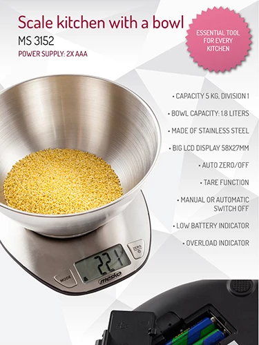 Kuhinjska tehtnica Adler MS 3152, 5 kg, natančnost 1 g, posoda 2 L, nerjaveče jeklo, INOX