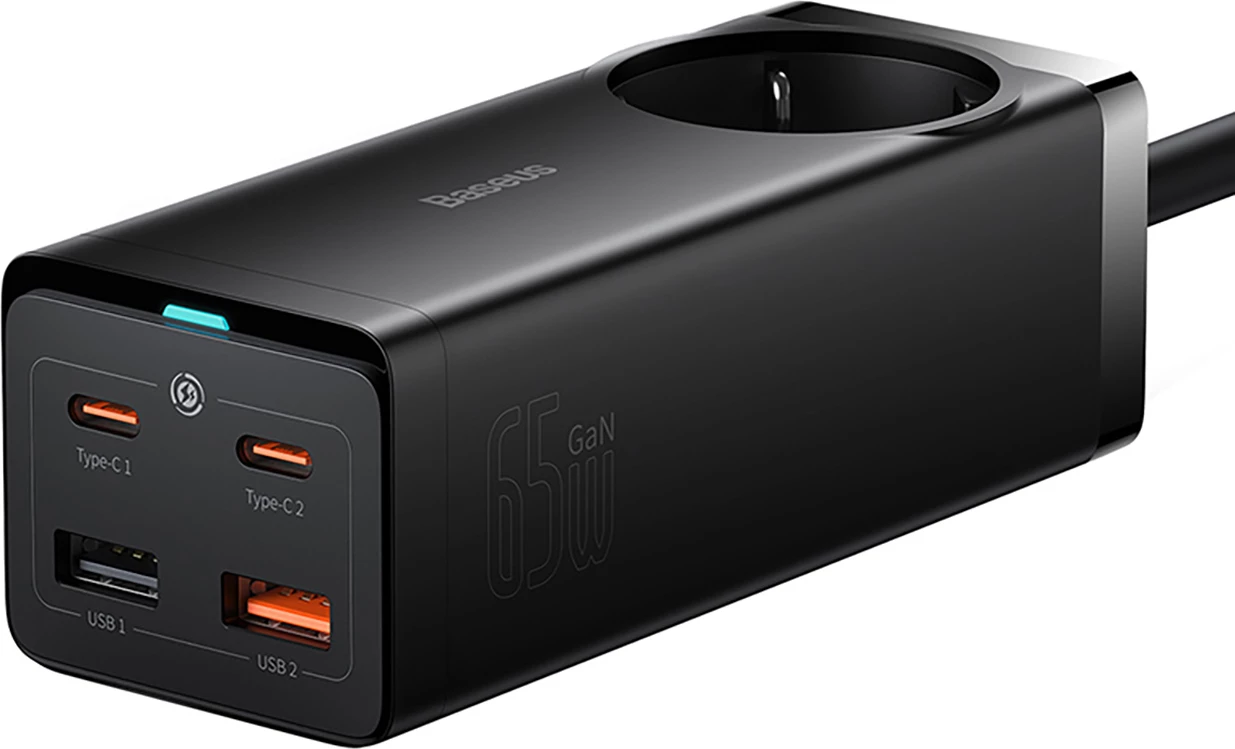 Stojalo za polnjenje Baseus GaN3 Pro 65W z 2x USB-C, 2x USB-A in 1 m USB-C kablom 100W, črno