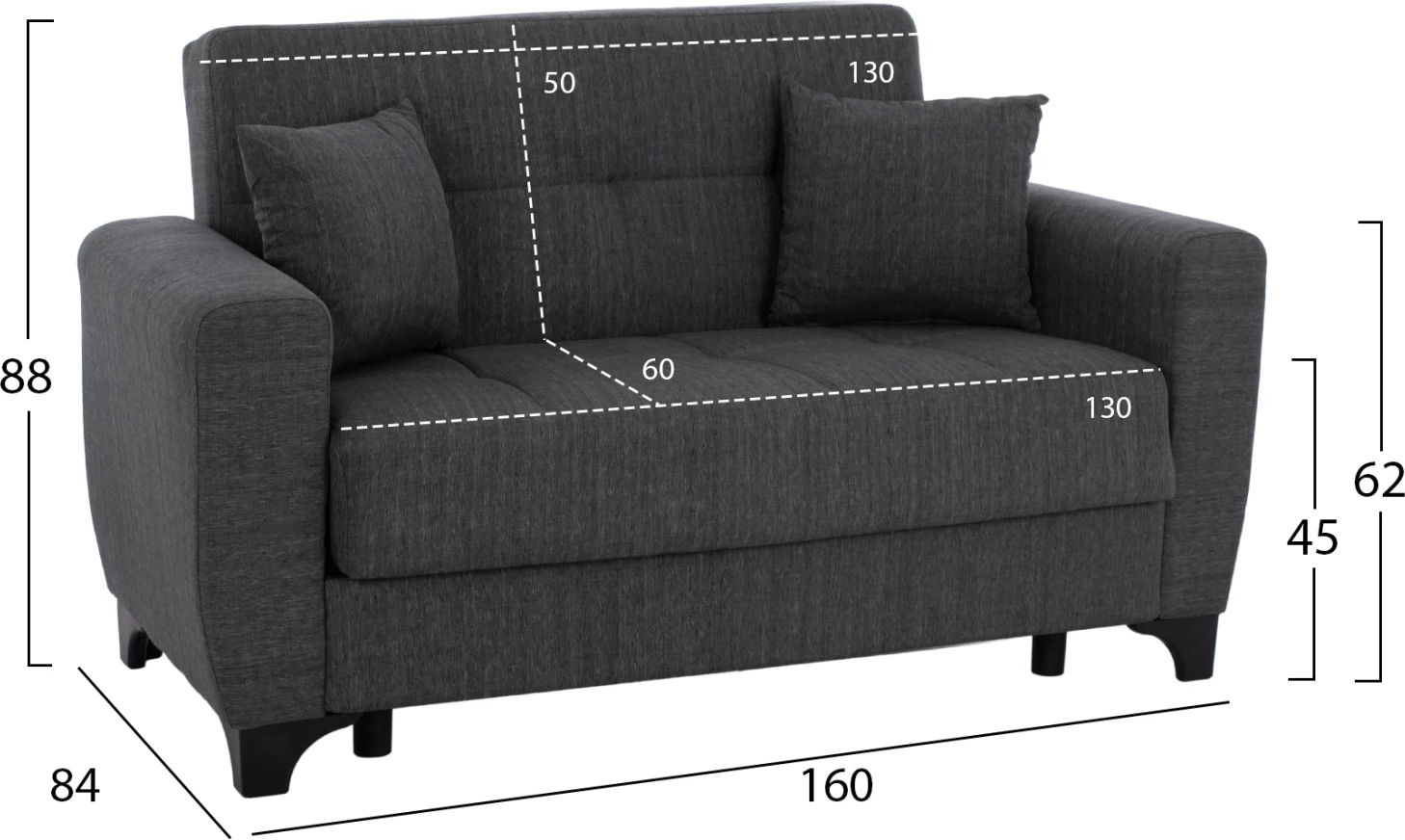 Dvosed kavč-postelja, visok naslon, siv, 160x84x88 cm