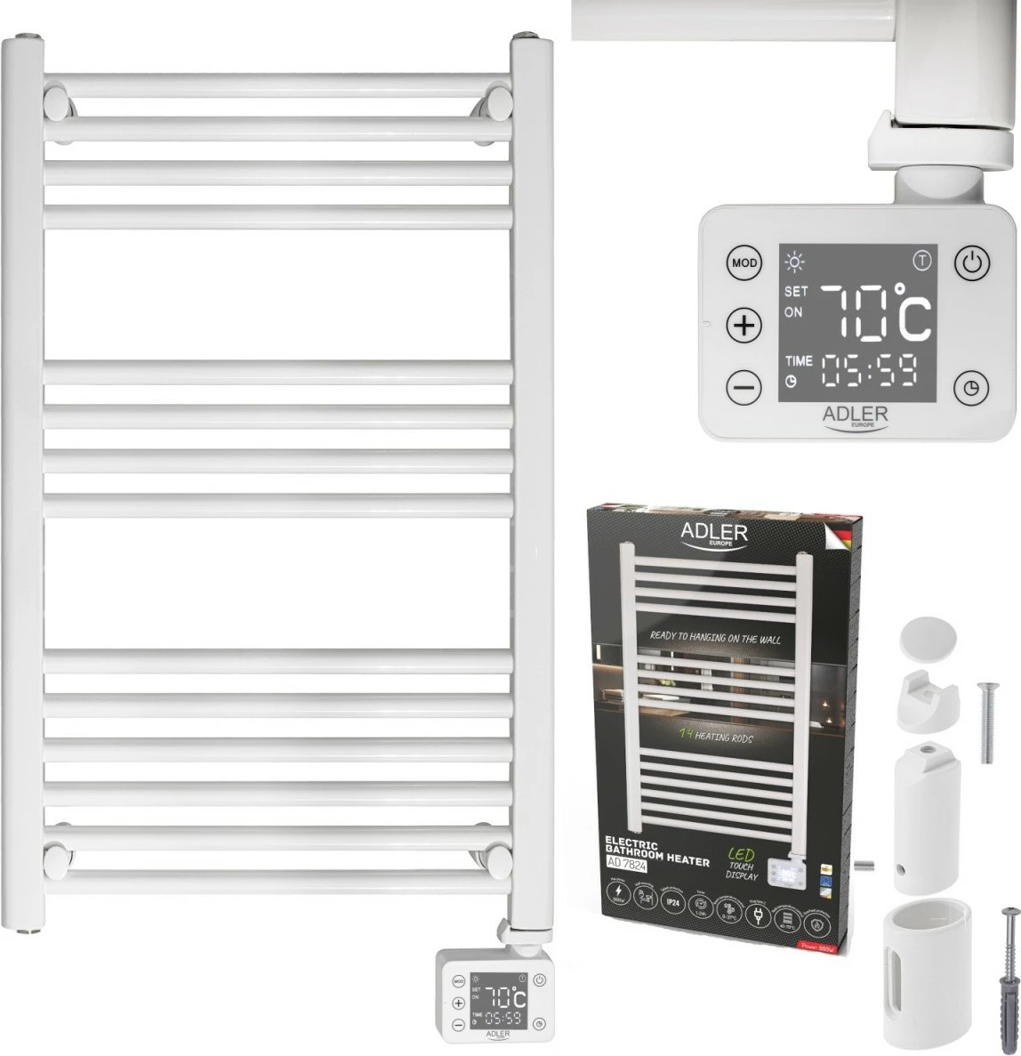 Električni kopalniški radiator z LED, Adler AD 7824, 600 W, 50×90 cm, 24-urni timer, IP24, bel