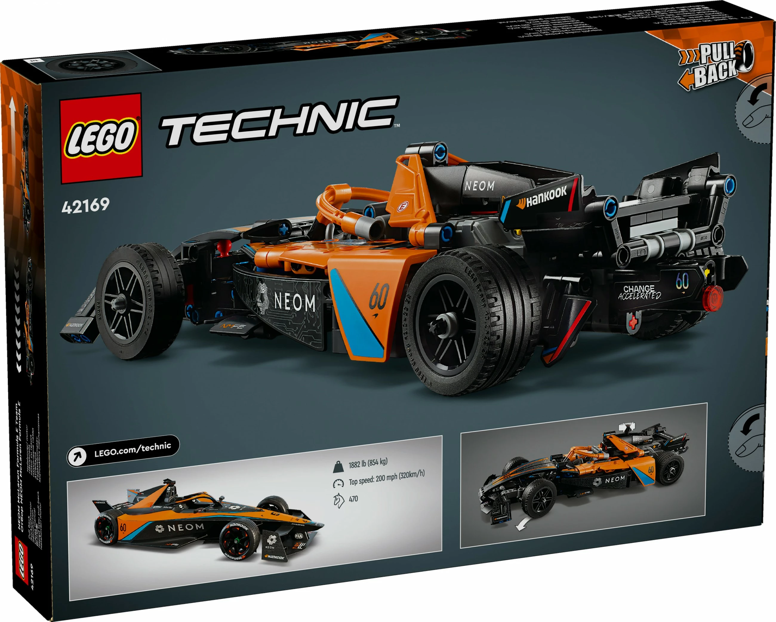 Set za gradnjo NEOM McLaren Formula E 42169, 452 kosov, pull-back, večbarven