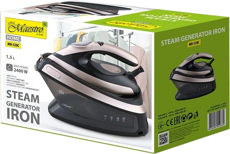 Parni likalnik Maestro MR-320C, 2400 W, 1,5 L, keramična plošča, črno-zlat
