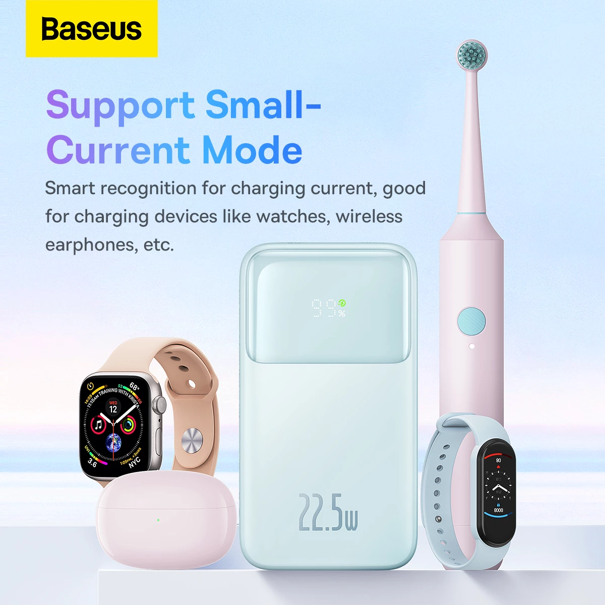 Powerbank, 10.000 mAh, 22,5 W, z zaslonom, USB-C/Lightning/USB-A, modra – Baseus Comet Series PPMD020003 + kabel USB-A na USB-C 0,3 m, bel