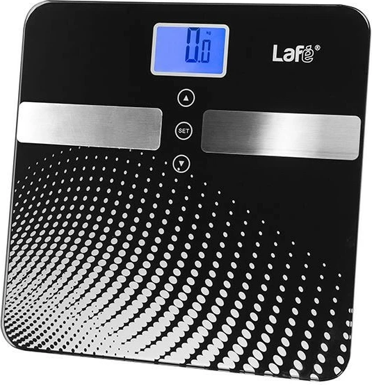 Elektronska kopalniška tehtnica, analiza telesne sestave (maščoba/voda/kosti/mišice/kalorije), Lafe WLS003.0, zmogljivost 150 kg, natančnost 100 g, pomnilnik 10 uporabnikov, LCD z modro osvetlitvijo, enote kg/lb/st, 30x30 cm, črna