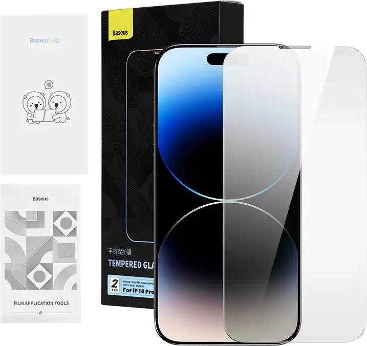 Kaljeno steklo s filtrom zasebnosti za iPhone 14 Pro Max, Baseus, 2 kosa, z kompleti za čiščenje in orodjem za namestitev
