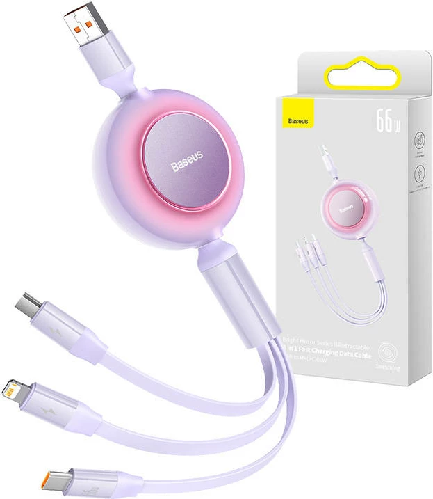 Kabel 3-v-1 Baseus Bright Mirror, 1,1 m, 66 W, USB-C/Lightning/micro USB, vijoličen