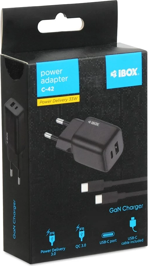 Zidni polnilec iBOX C-42 GaN PD33W, črn