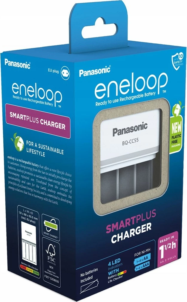 Pameten polnilnik baterij Panasonic Eneloop Smartplus BQ-CC55, za AA/AAA, bel