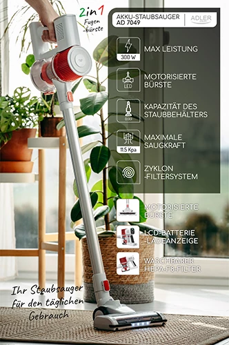 Pokončni brezžični sesalnik Adler AD 7051, 300 W, 0,6 L, 22,2 V Li-ion 2200 mAh, krtača z LED, LCD, bel/rdeč
