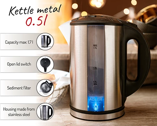 Električni grelnik vode Adler AD 1216, 1,7 L, 1850–2200 W, inox