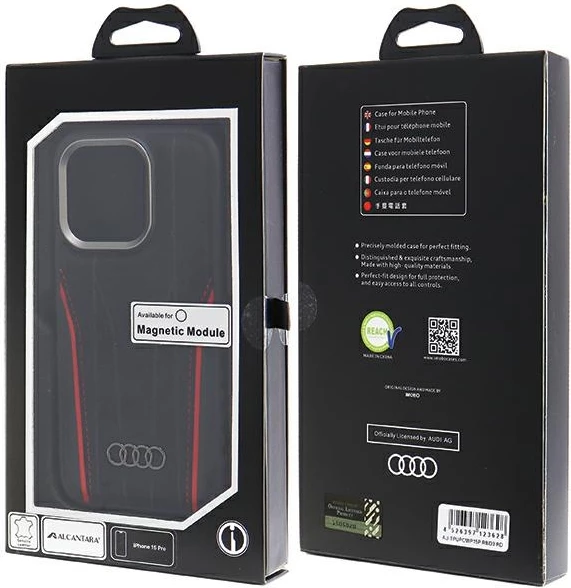 Etui iz pravega usnja Audi z MagSafe za iPhone 15 Pro, črno-rdeč