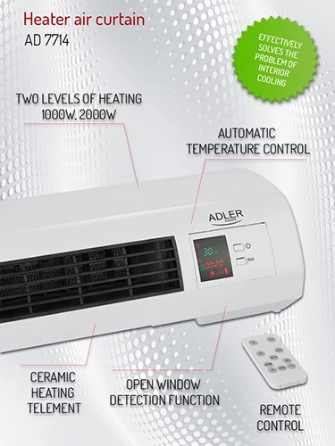Grelna zračna zavesa za stensko montažo Adler AD 7714, max. 2200 W, 2 stopnji 1000/2000 W, keramični element, termostat 7–38 °C, tedenski časovnik, daljinski upravljalnik, bela