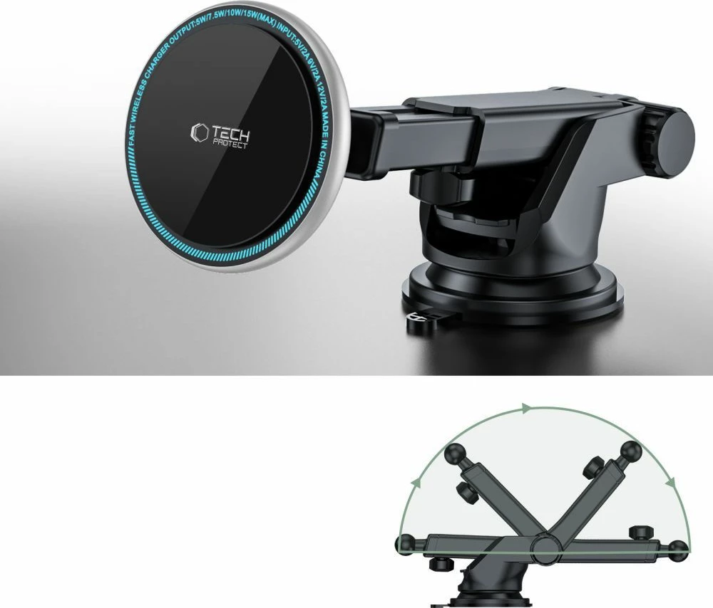 Magnetno držalo za pametni telefon s brezžičnim polnjenjem, 15 W, za armaturno ploščo, črno, Tech‑Protect A2