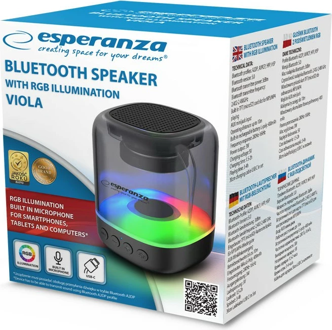 Prenosni zvočnik Bluetooth z LED RGB, 3W, Esperanza Viola, črn