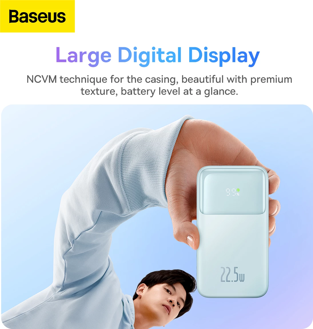 Powerbank, 10.000 mAh, 22,5 W, z zaslonom, USB-C/Lightning/USB-A, modra – Baseus Comet Series PPMD020003 + kabel USB-A na USB-C 0,3 m, bel