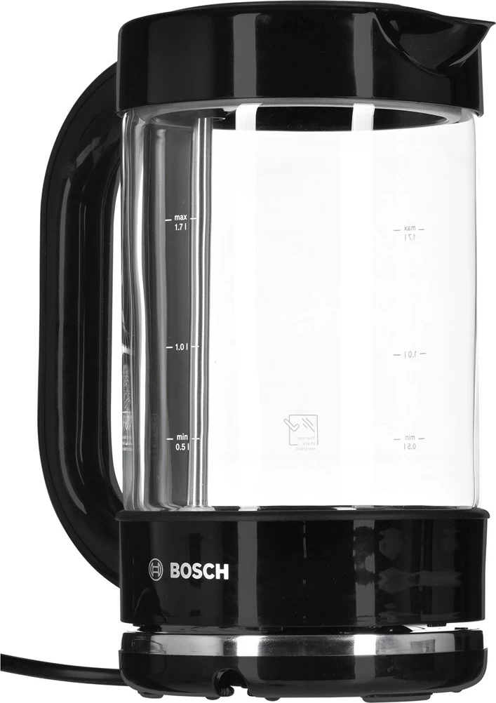Električni kuhalnik vode, Bosch TWK70B03, 1,7 L, 2400 W, črn/ prozoren