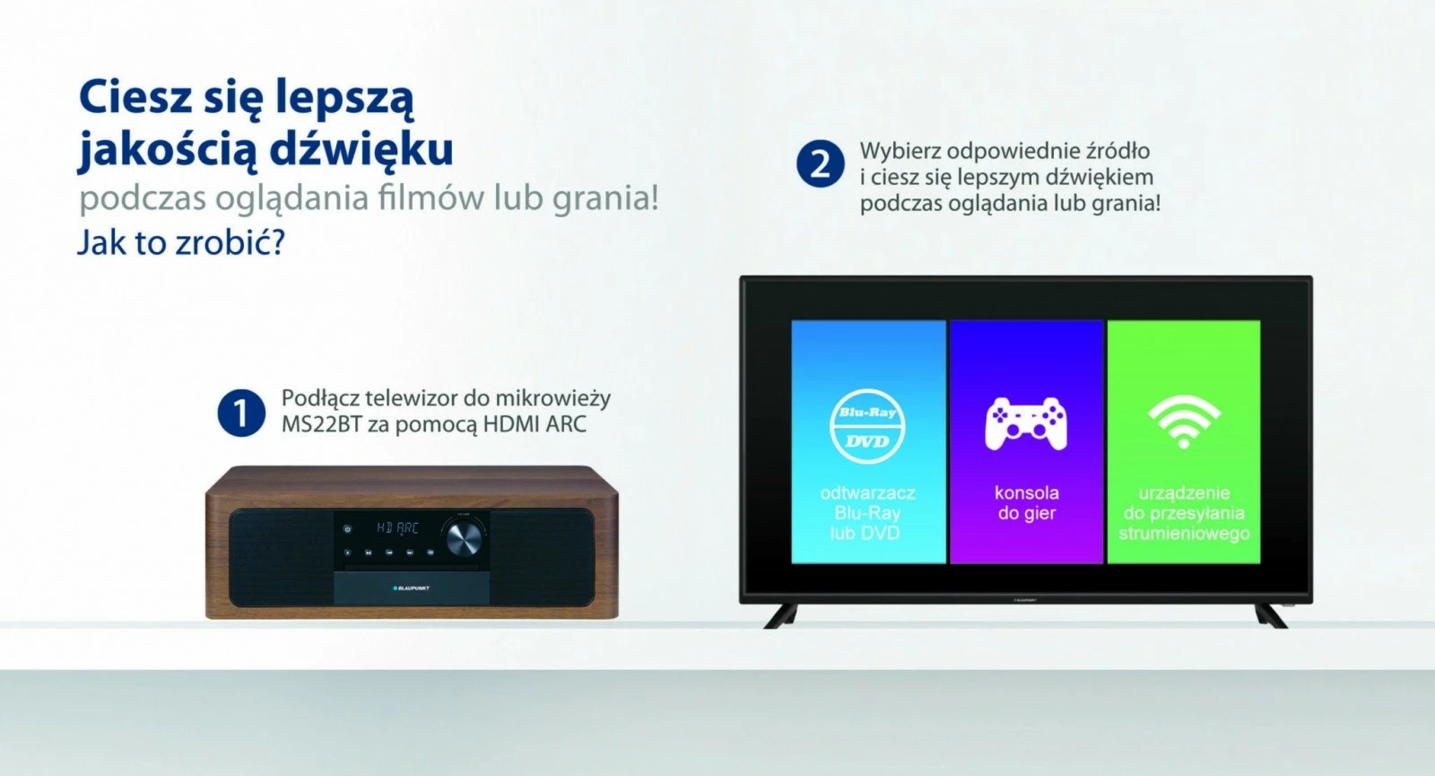 Mikro HiFi, Blaupunkt MS22BT, Bluetooth, HDMI ARC, CD/MP3/USB/AUX, barva lesa