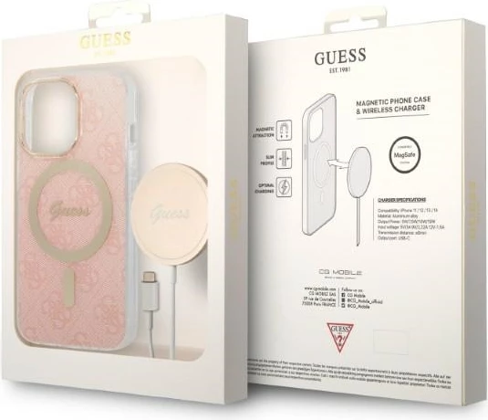Ovitek za telefon in brezžični polnilec za iPhone 13 Pro Max, Guess GUBPP13XH4EACSP, roza