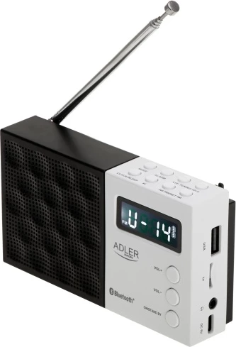 Digitalni radio PLL AM/FM, Adler AD 1908, Bluetooth 5.0, USB/SD, 20 postaj, zaslon LCD, 1,2 W, baterija 800 mAh, bela in črna