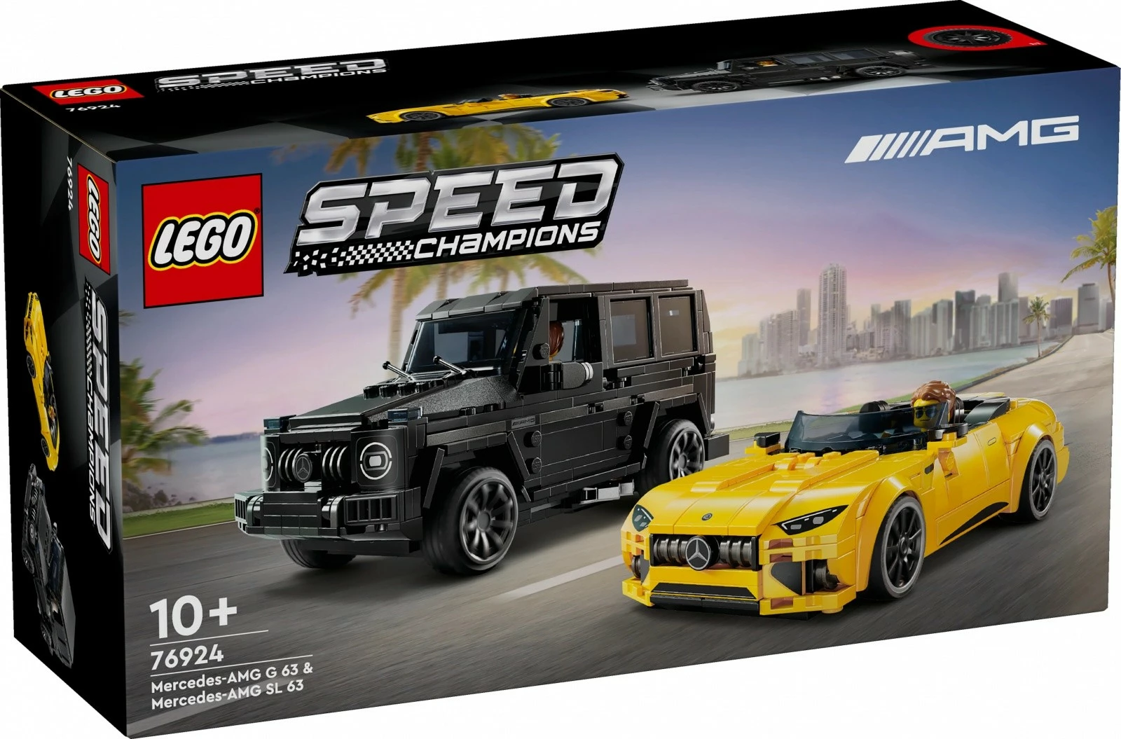 Igralni komplet LEGO Speed Champions z Mercedes‑AMG G 63 in Mercedes‑AMG SL 63, 806 delov, črn in rumen