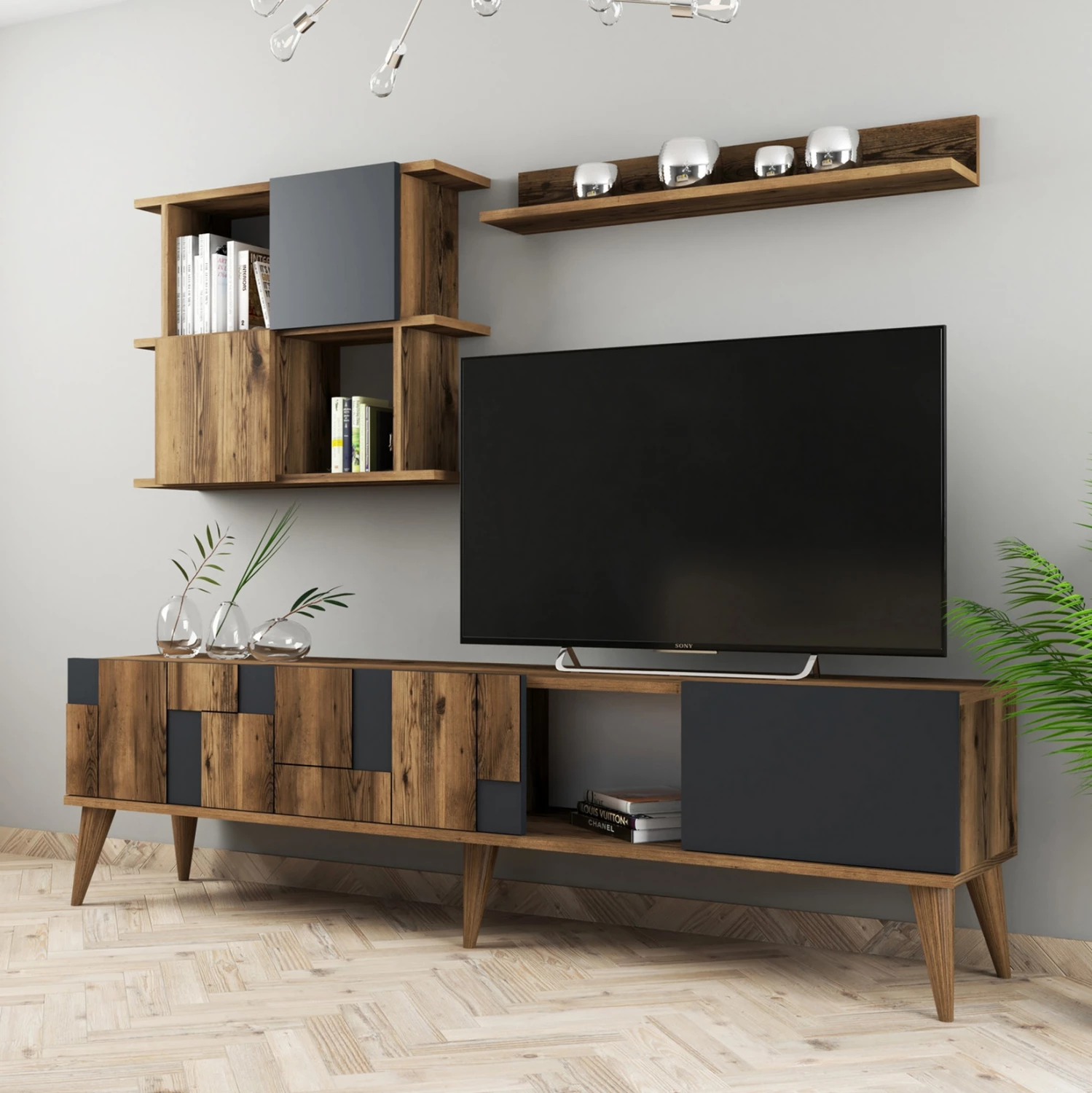 Kombinacija TV pohištva iz melamina v barvi oreha in ogleno sivi 180x33.8x48.6Hcm.FH9437.01