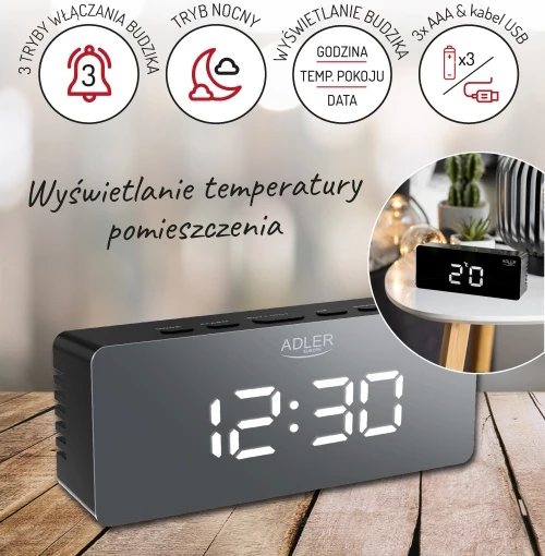 Alarmna ura Adler AD 1189, LED s prikazom temperature prostora, 3 načini alarma, USB + 3x AAA, črna