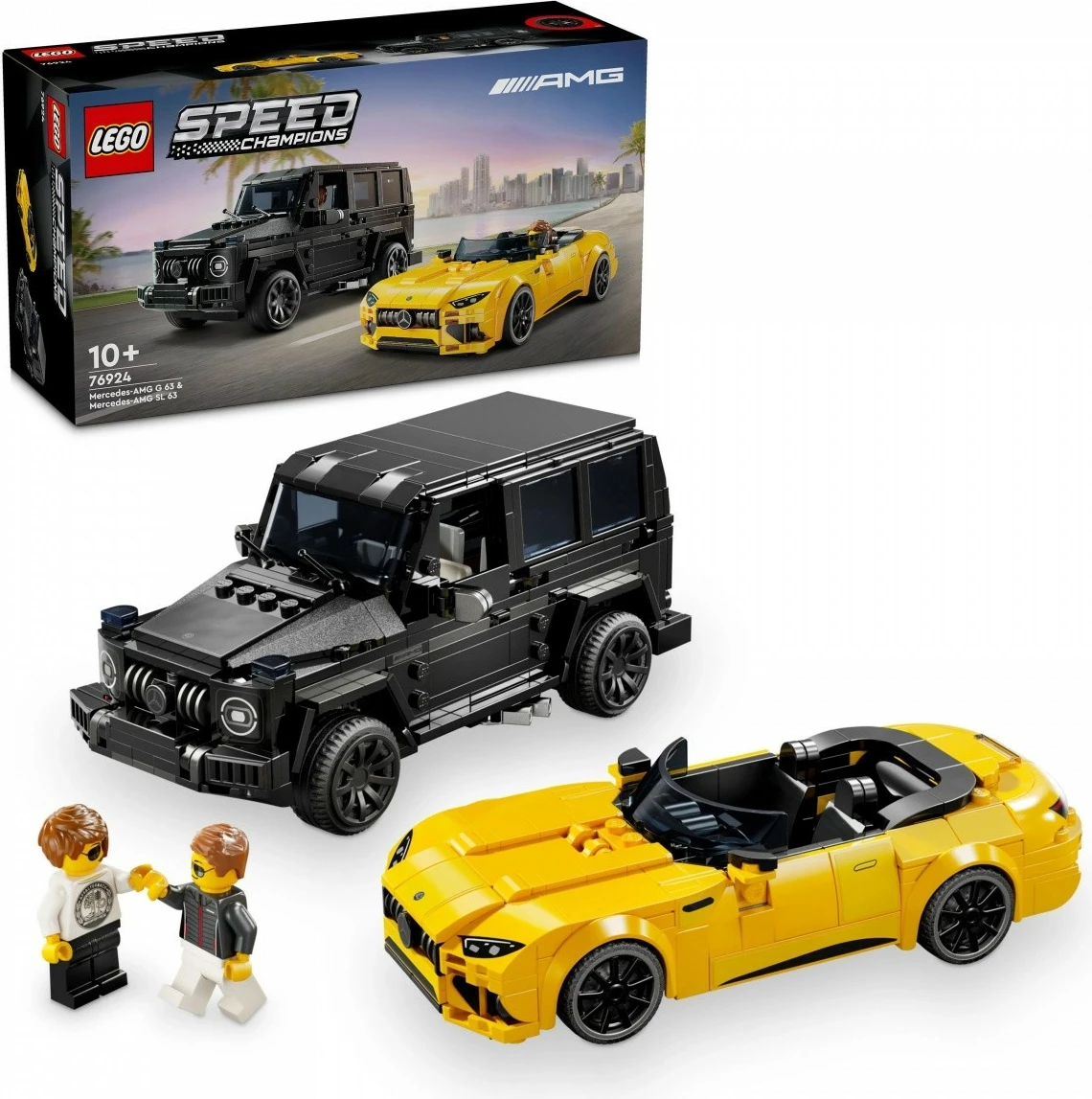 Igralni komplet LEGO Speed Champions z Mercedes‑AMG G 63 in Mercedes‑AMG SL 63, 806 delov, črn in rumen