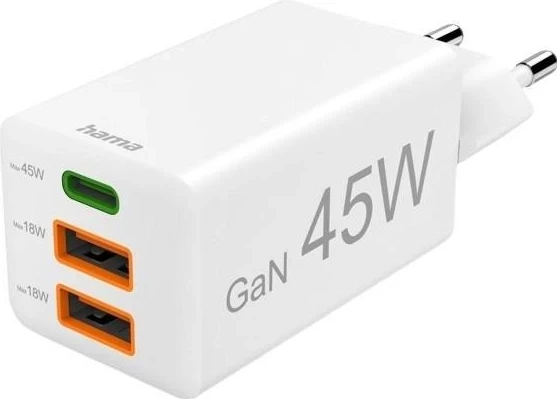 Mini polnilec GaN 45W, Hama, 2x USB-C, 1x USB-A, bel