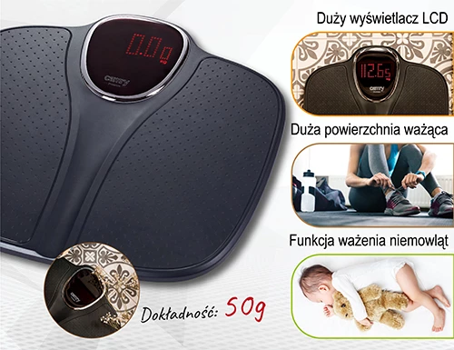 Kopalniška tehtnica Adler CR 8171, 180 kg, LED zaslon, način tehtanja dojenčka, 29,5x33,5 cm, črna